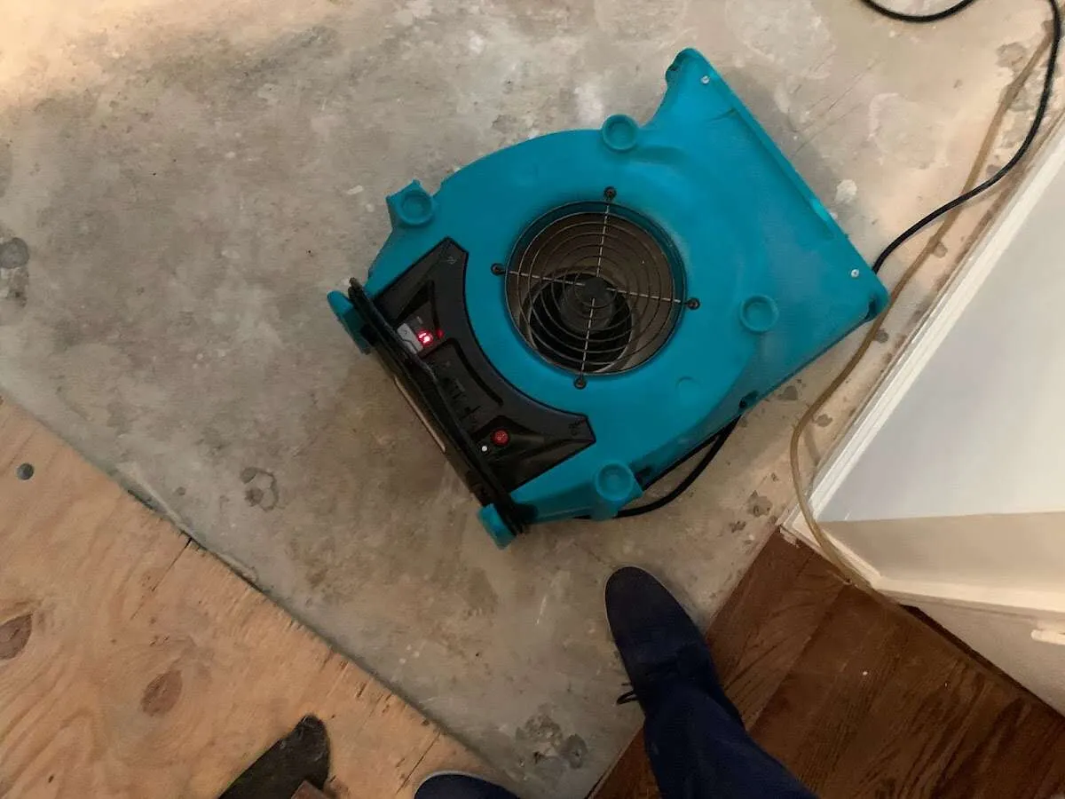 Air mover drying subfloor during Leak Detection & Repair in Saginaw